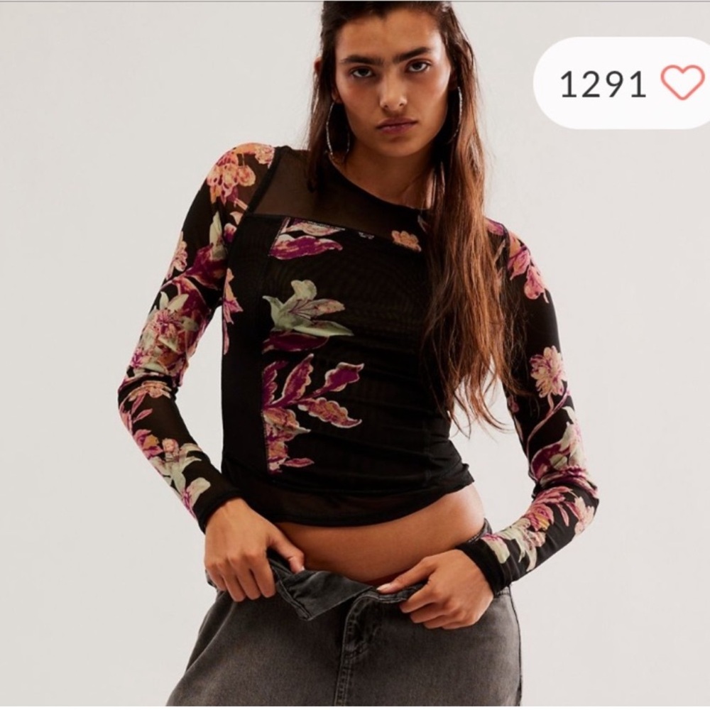 Free People Betty’s Garden Long Sleeve Black Floral Mesh Top